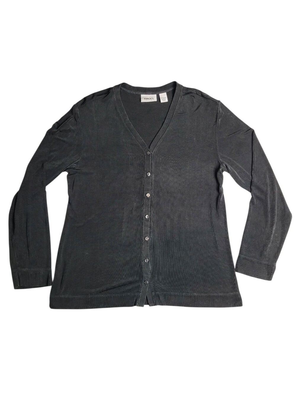 Chico's Travelers Black Slinky Knit Cardigan Size 2 V-Neck Button Front Stretch - Picture 2 of 9